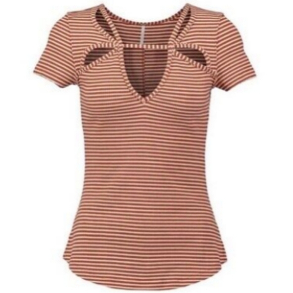 FREE PEOPLE Frenchie Striped Short Sleeve Top, Cayenne Combo, High Stretch, L - Picture 2 of 16